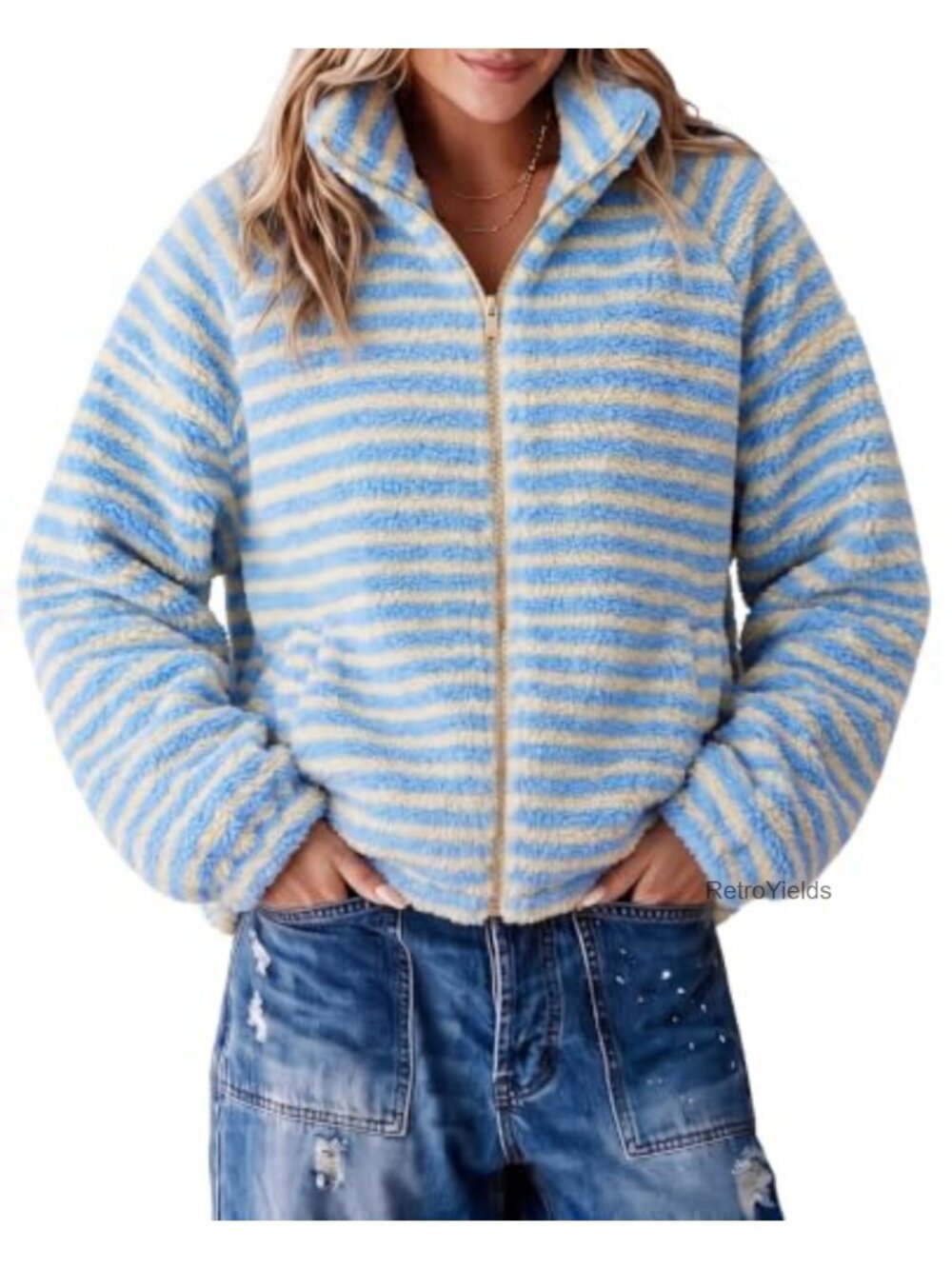 Womens Fleece Zip Up Oversized Sherpa Striped Fuzzy Jacket Coat